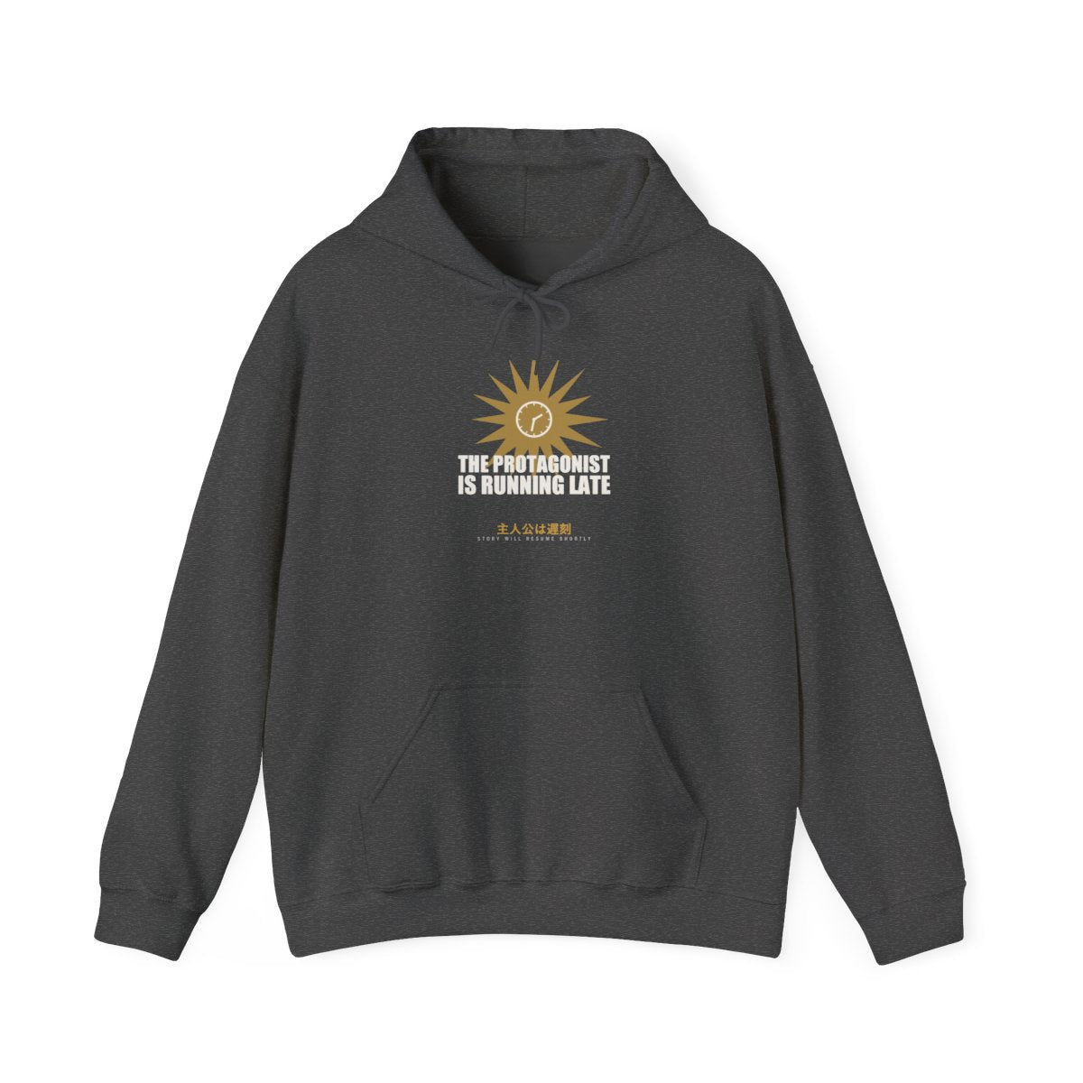 The Protagonist Is Running Late Funny Anime Hoodie in Dark Heather